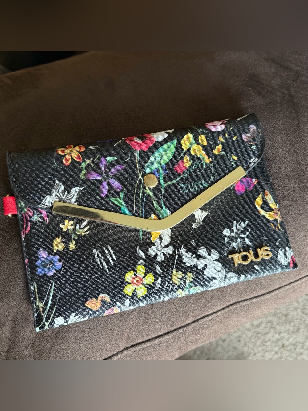 TOUS Floral Clutch Wallet Black Multicolor Floral Print Gold Tone Hardware